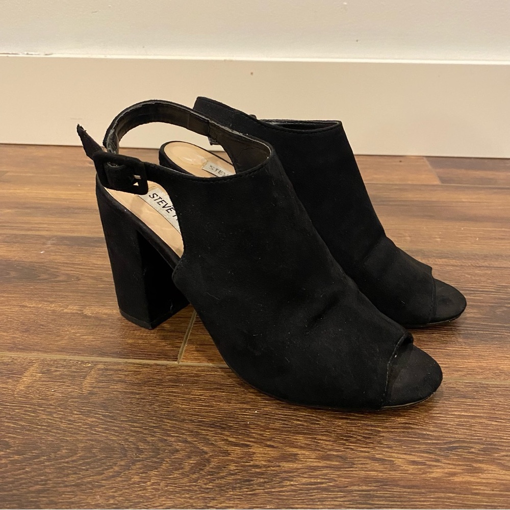 Steve Madden sling back chunky heel peep toe shoes size 37 black suede